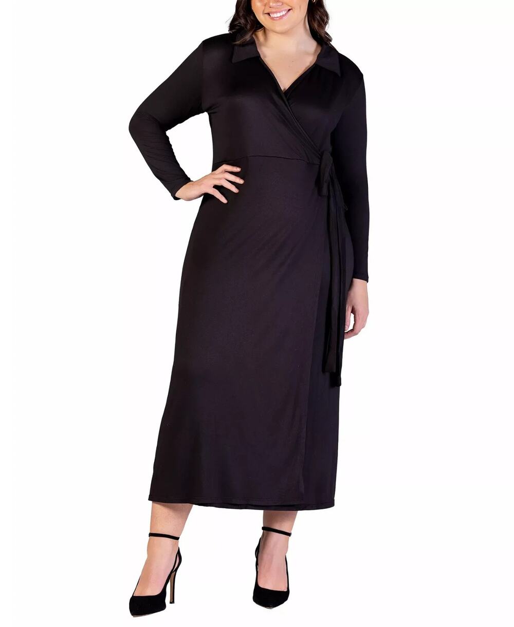 24seven Comfort Apparel Plus Size Collared Wrap Maxi Dress Black Size 1X 4050